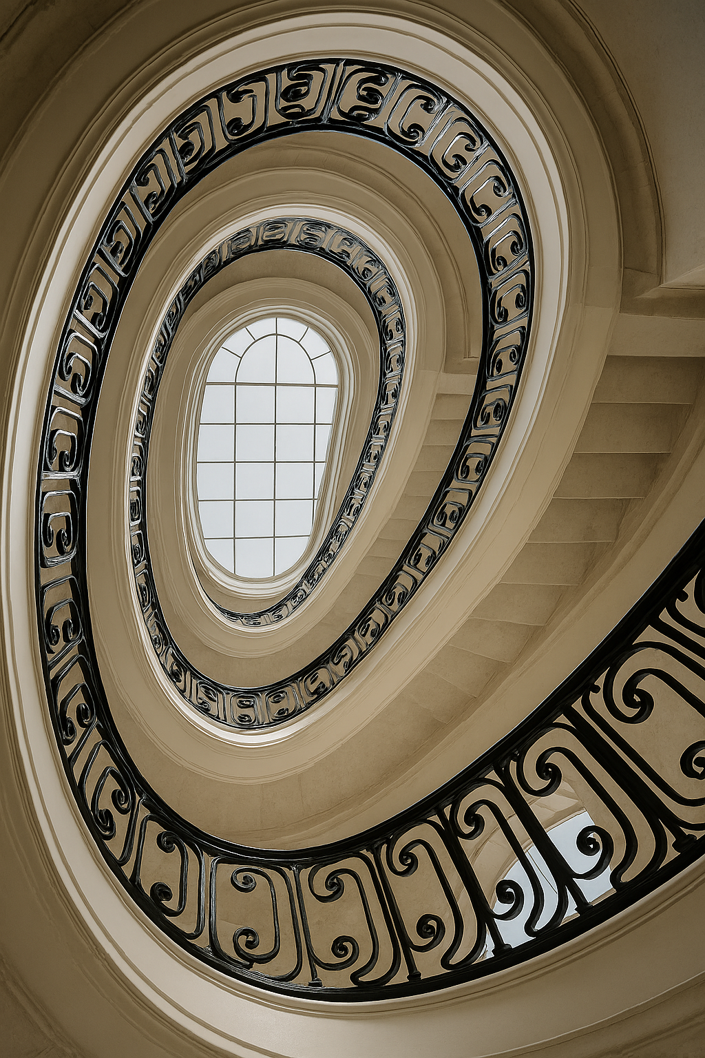 Vue ascendante d'un escalier en colimaçon avec une balustrade en fer forgé noir et une fenêtre ovale en haut, laissant passer la lumière naturelle.