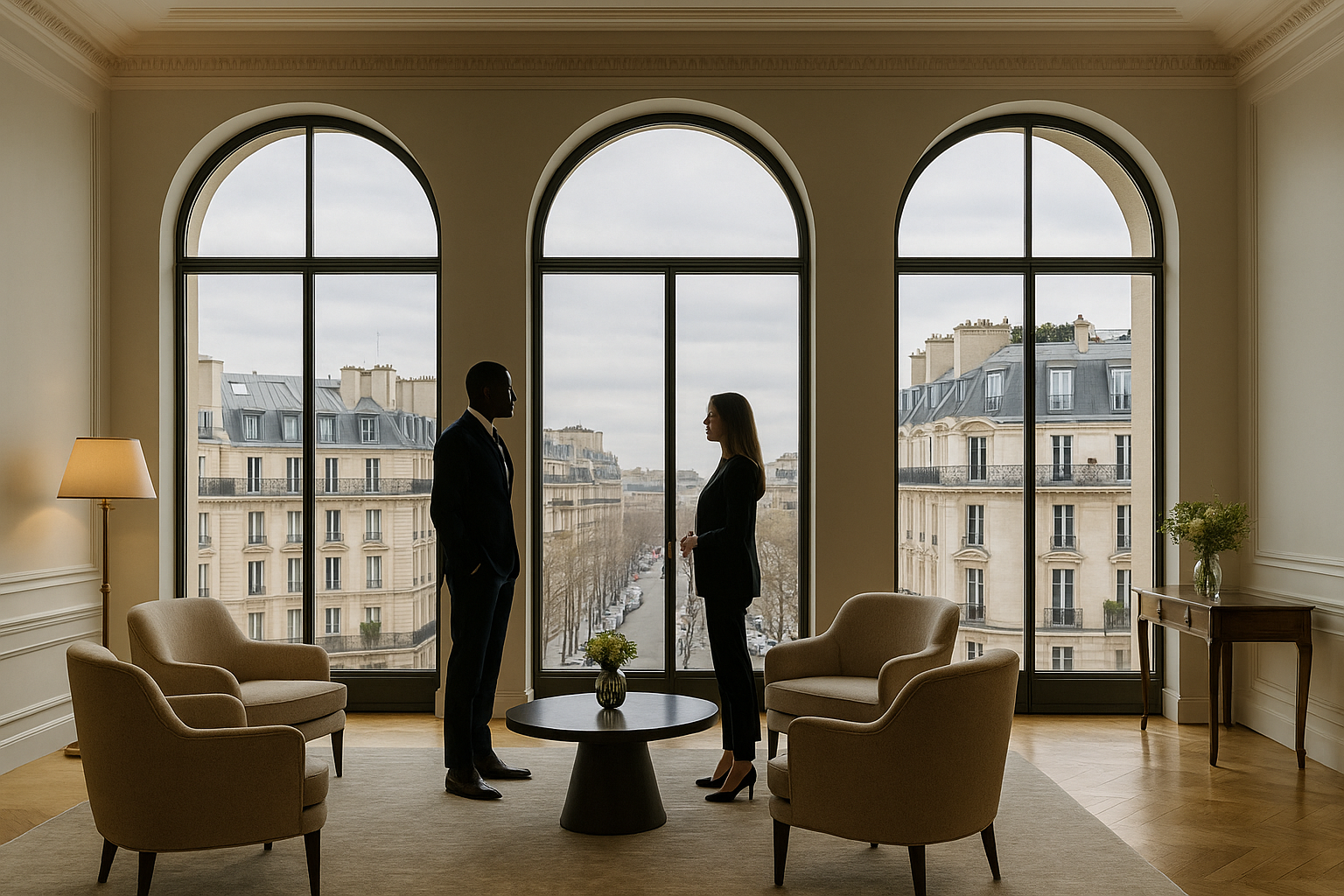 Deux personnes en tenue professionnelle se parlent dans un salon avec de grandes fenêtres donnant sur des bâtiments parisiens.
