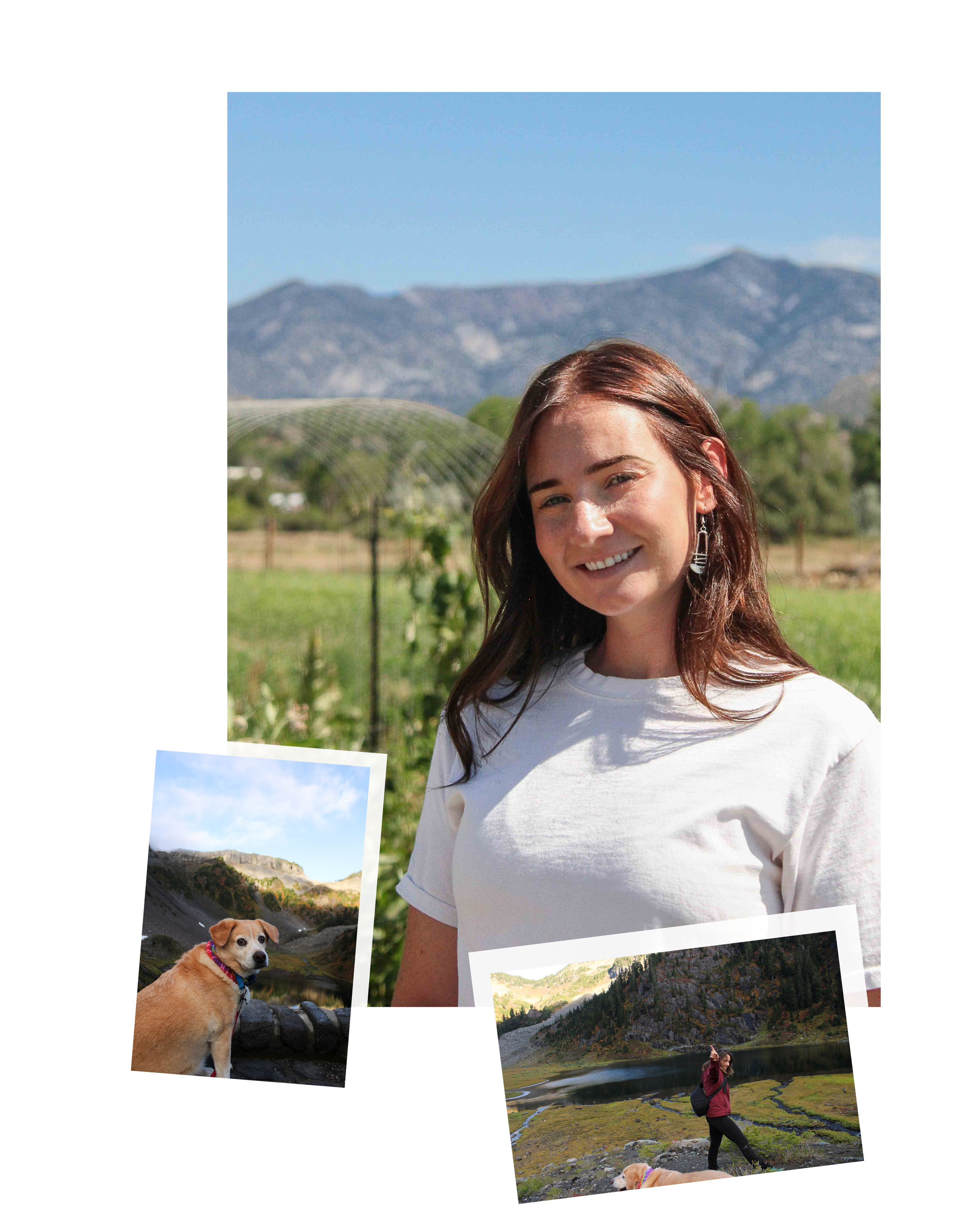 A woman smiling outdoors with mountains in the background, two smaller photos of a dog near a lake and a woman walking with a dog in a mountainous landscape.