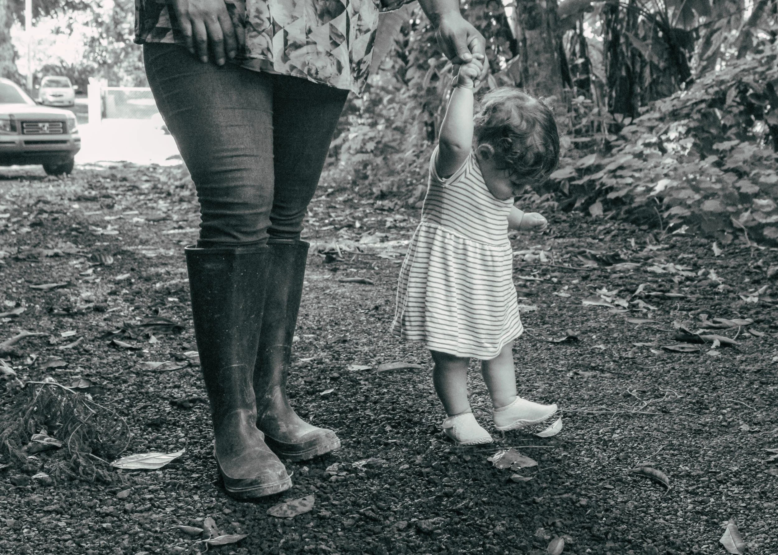 A person holding the hand of a young girl walking on a gravel path surrounded by trees.