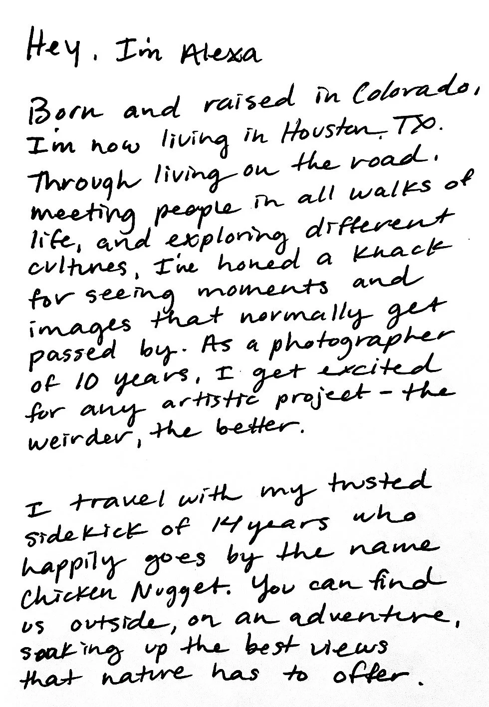 Handwritten letter on white paper explaining the writer's background, travel experiences, and artistic interests.