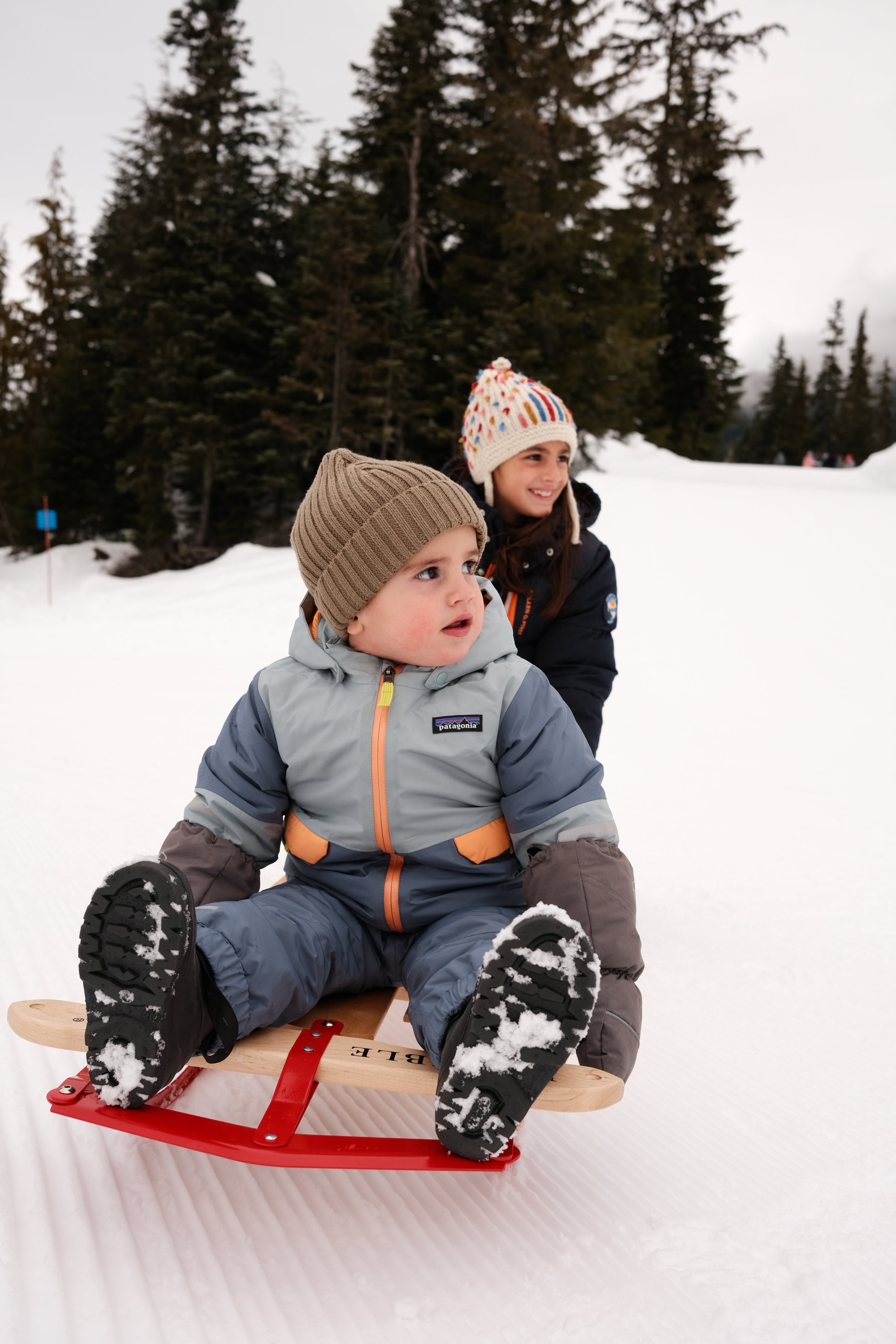 Crianças brincando na neve, uma sentado em um trenó e outra atrás, sorrindo, rodeadas por árvores de floresta, sob céu nublado.