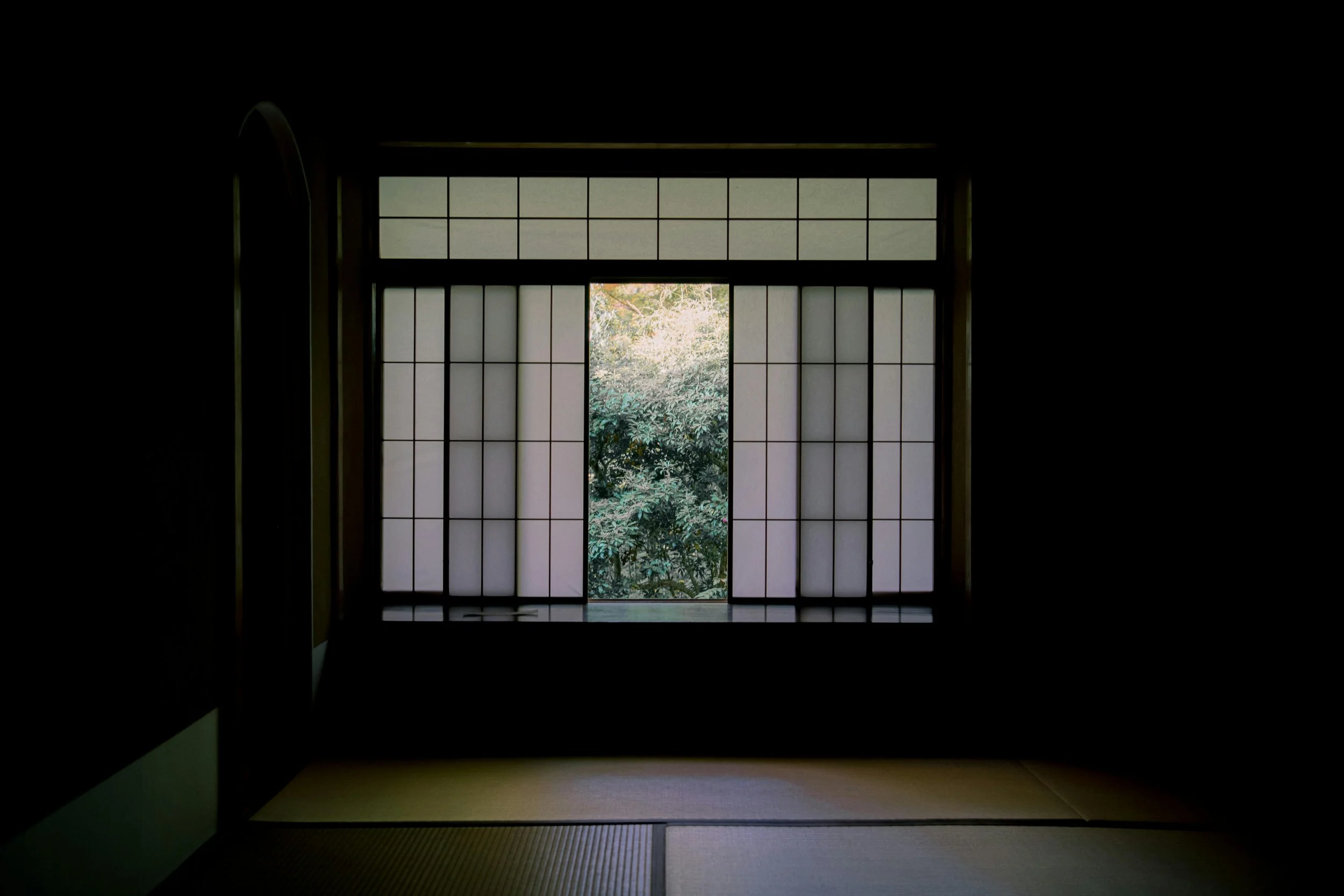 View through shoji sliding doors opening to greenery outside, interior with tatami mat flooring. Serene Kyoto.