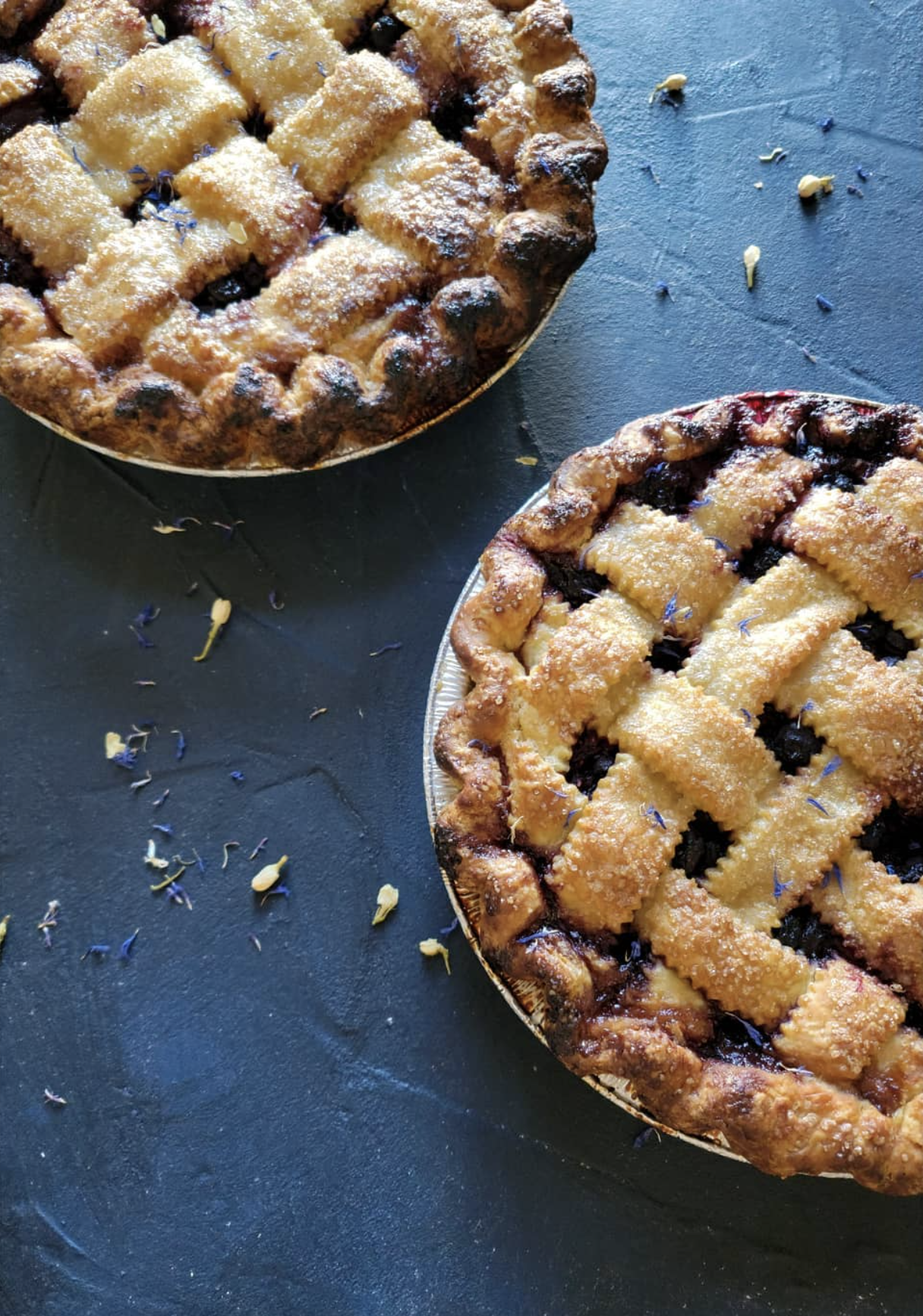 Two cherry pies with lattice crusts on a black surface, some scattered flower petals around them.