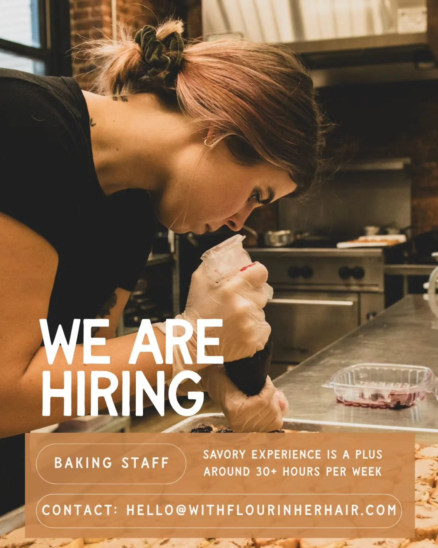 With Flour in Her Hair is growing, and we&rsquo;re looking for a part-time baker to join our kitchen team.

This role is about 30 hours per week and is a great fit for someone who loves baking, working with seasonal ingredients, and being part of a s