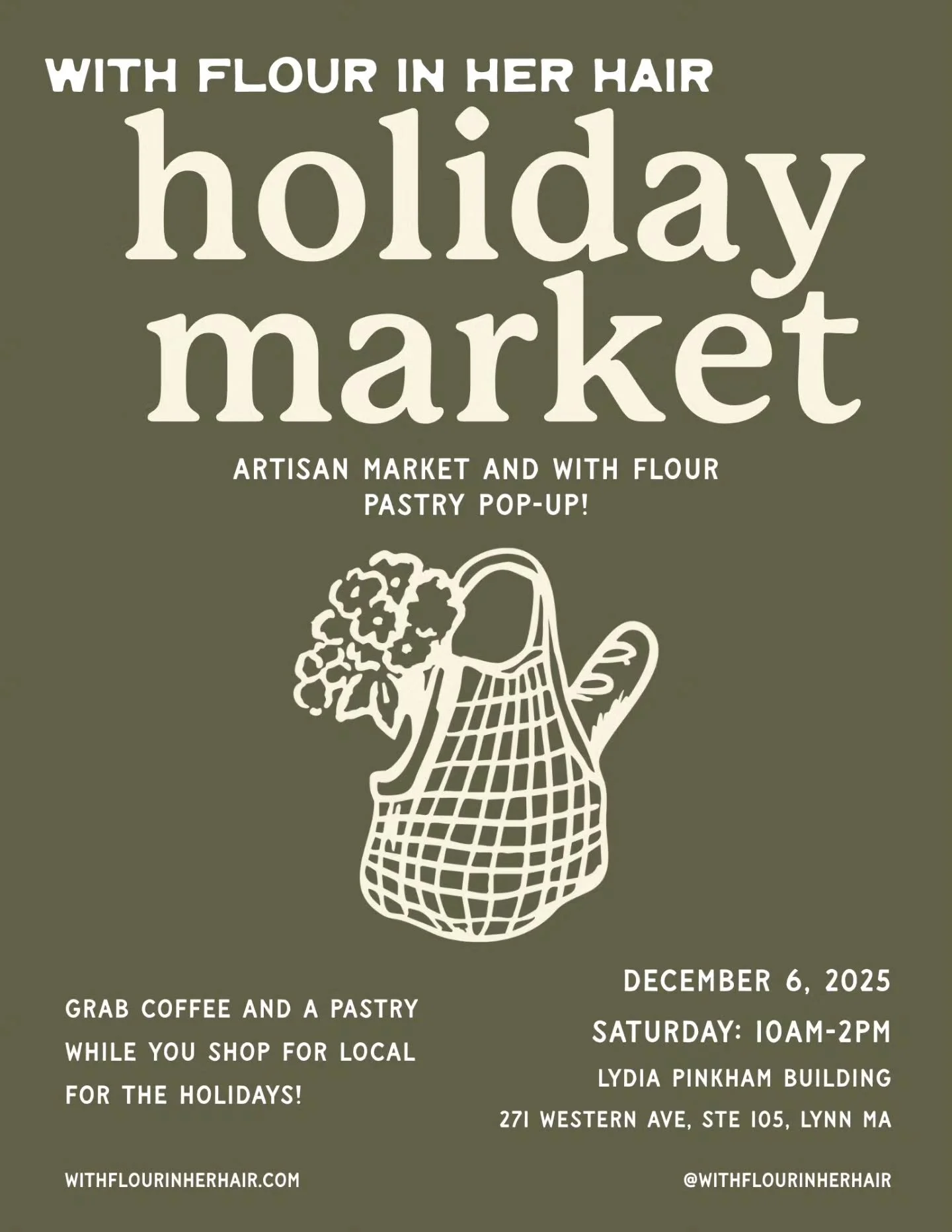 We can't wait to see you all tomorrow at our annual holiday market at our new Lynn location:

10AM-2PM
271 WESTERN AVE, LYNN MA

Ample street parking available!

Come shop local, grab a pastry or a bite at our cafe and celebrate the holiday season wi