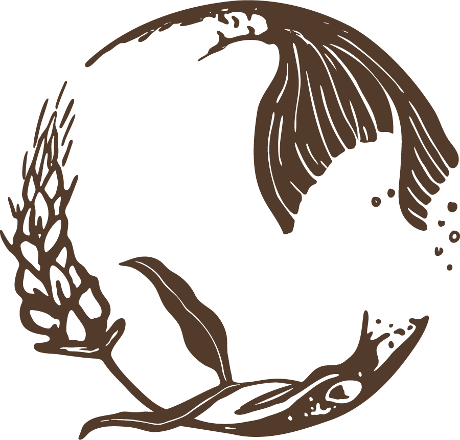 Illustration of a crescent moon made of botanical elements, including leaves and plants, in brown color.