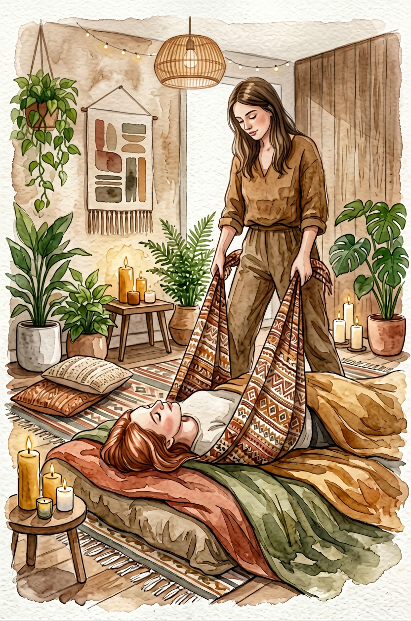 A woman practicing reiki or a healing technique on another woman lying on the floor in a cozy, warmly lit room filled with plants and candles.