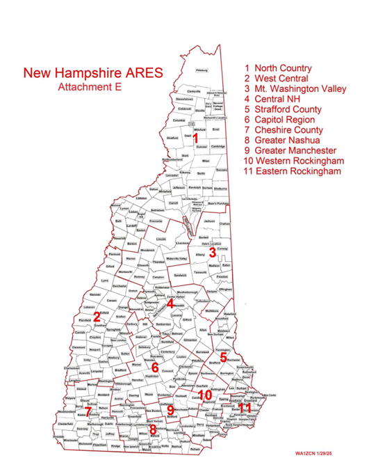 Map of New Hampshire with counties labeled from 1 to 11 and corresponding names listed on the right side, including North Country, West Central, Mt. Washington Valley, Central NH, Stratford County, Capitol Region, Cheshire County, Greater Nashua, Greater Manchester, Western Rockingham, and Eastern Rockingham.