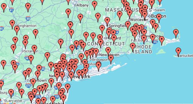 Map of Connecticut and surrounding areas with numerous red location pins indicating multiple points across the state and nearby regions.