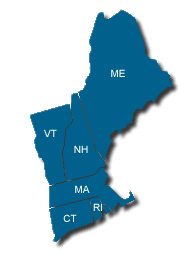 Map of New England states including Maine, Vermont, New Hampshire, Massachusetts, Rhode Island, and Connecticut.