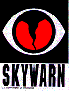 Skywarn logo featuring an eye with a red tornado inside.