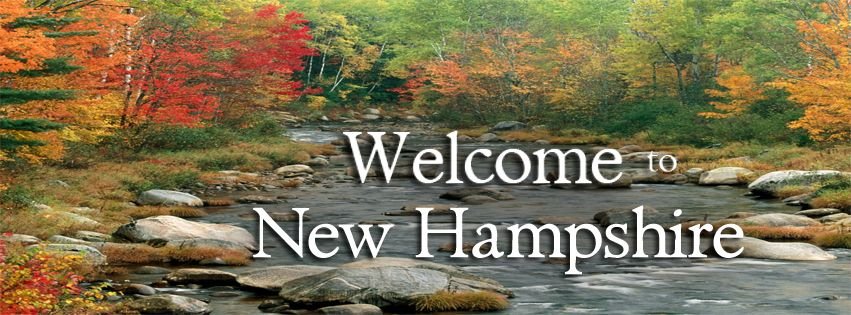 Fall foliage over a river with rocks and trees in autumn colors, and a sign that says "Welcome to New Hampshire."