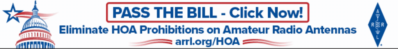 A political advocacy banner supporting the passage of a bill to eliminate HOA prohibitions on amateur radio antennas. The banner includes a stylized illustration of the U.S. Capitol building, a star with red and white stripes, and a blue diamond-shaped logo with the words "ARRL" inside.