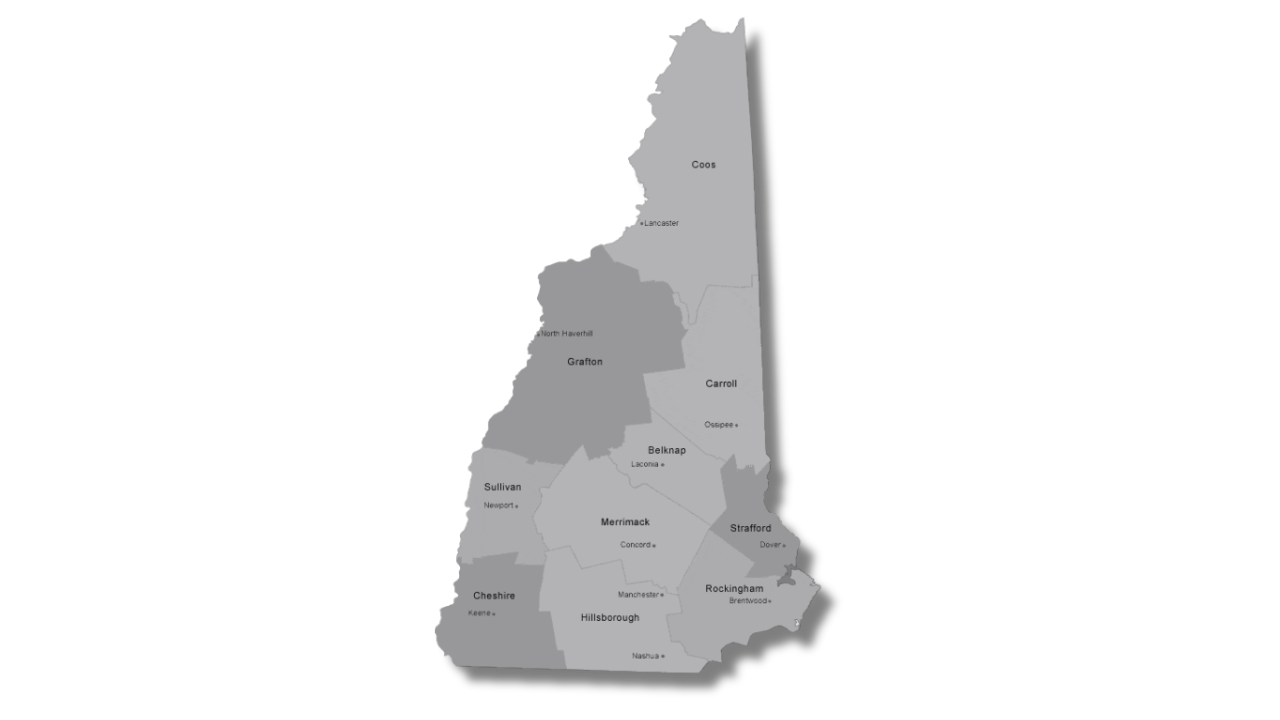A map of the state of New Hampshire divided into counties, with each county labeled.