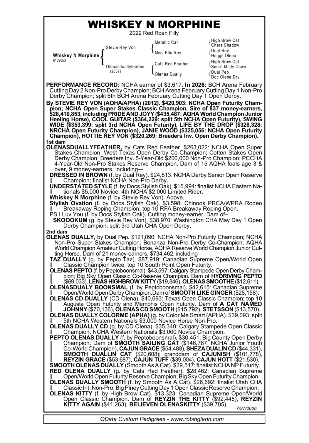 Pedigree chart for Whiskey N Morphine, a red roan filly born in 2022, detailing her lineage, performance record, and accomplishments in horse competitions.