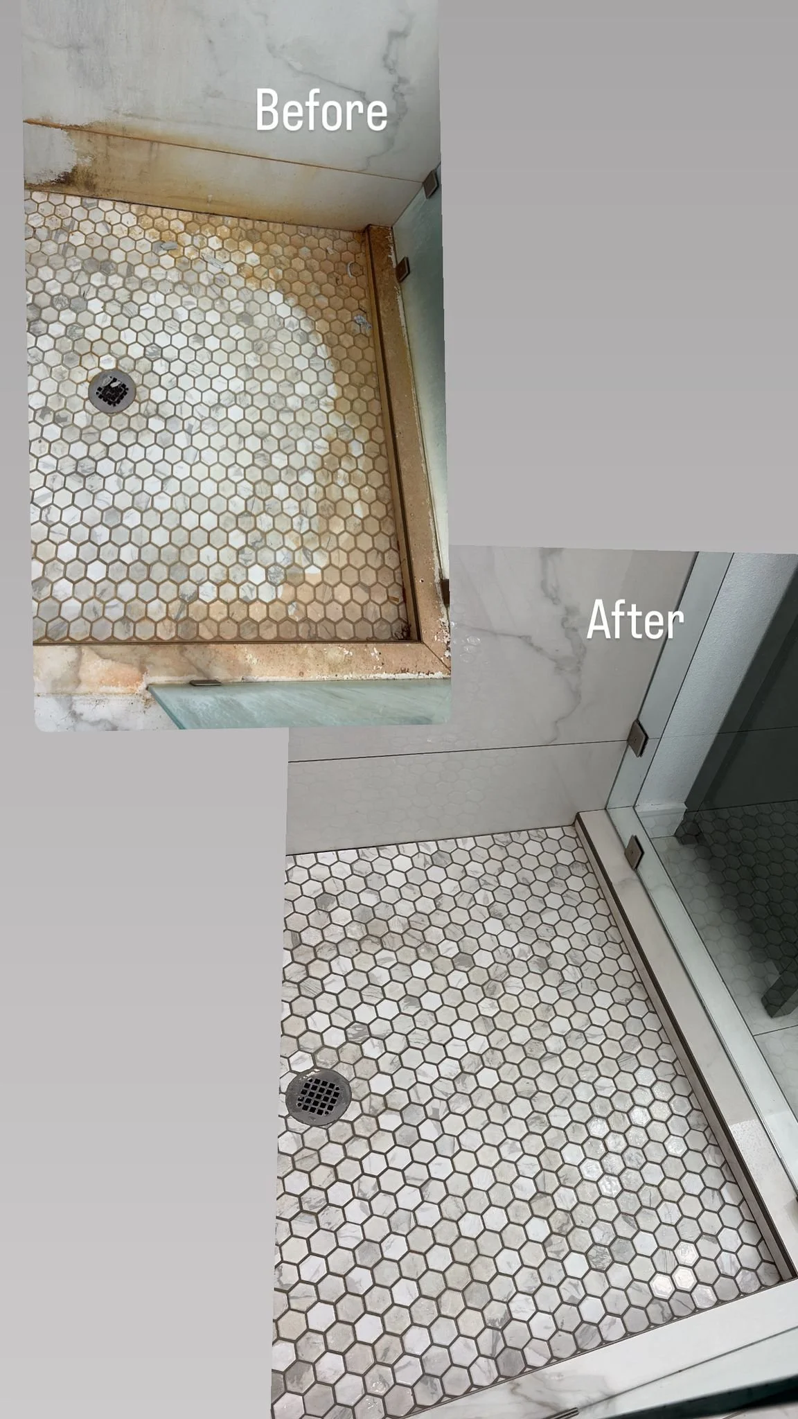 Comparison of a shower floor before and after cleaning, showing a significant reduction in dirt and stains, with the floor appearing much cleaner and brighter in the after image.