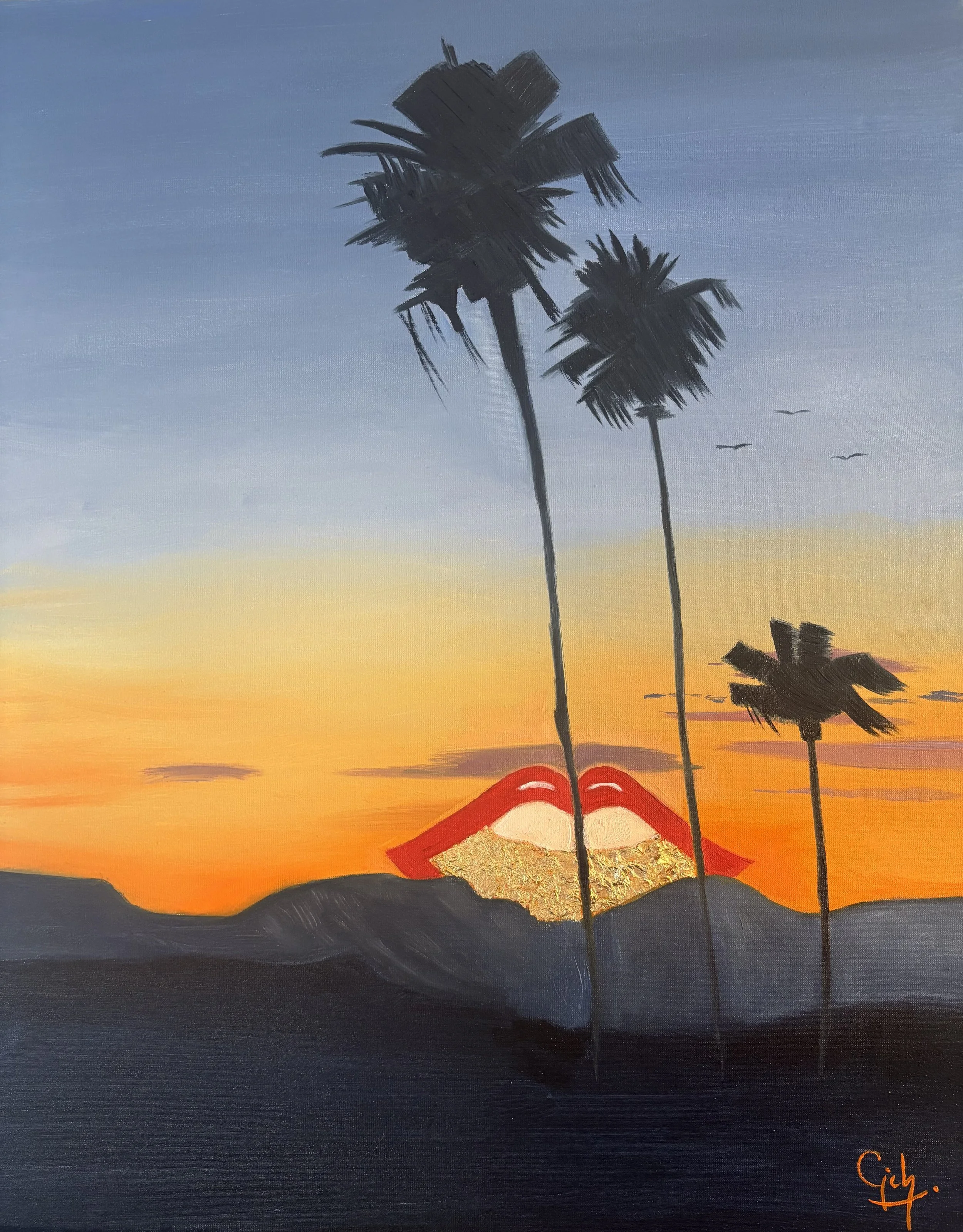 sunset painting featuring palm trees, Californian mountains and red lips behind the mountains where the sun is going down