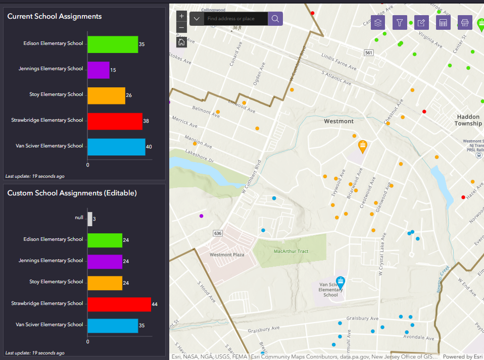 A digital map showing locations of schools with school assignments data and a sidebar chart displaying current and custom school assignment counts for Edison Elementary, Jennings Elementary, Stoy Elementary, Strawbridge Elementary, and Van Sciver Elementary, with a search bar at the top for finding addresses or places.