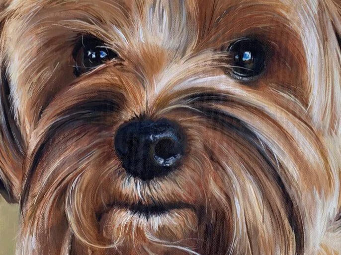 Close-up painting of a small dog's face, likely a Yorkshire Terrier, with brown fur, shiny eyes, and a black nose.