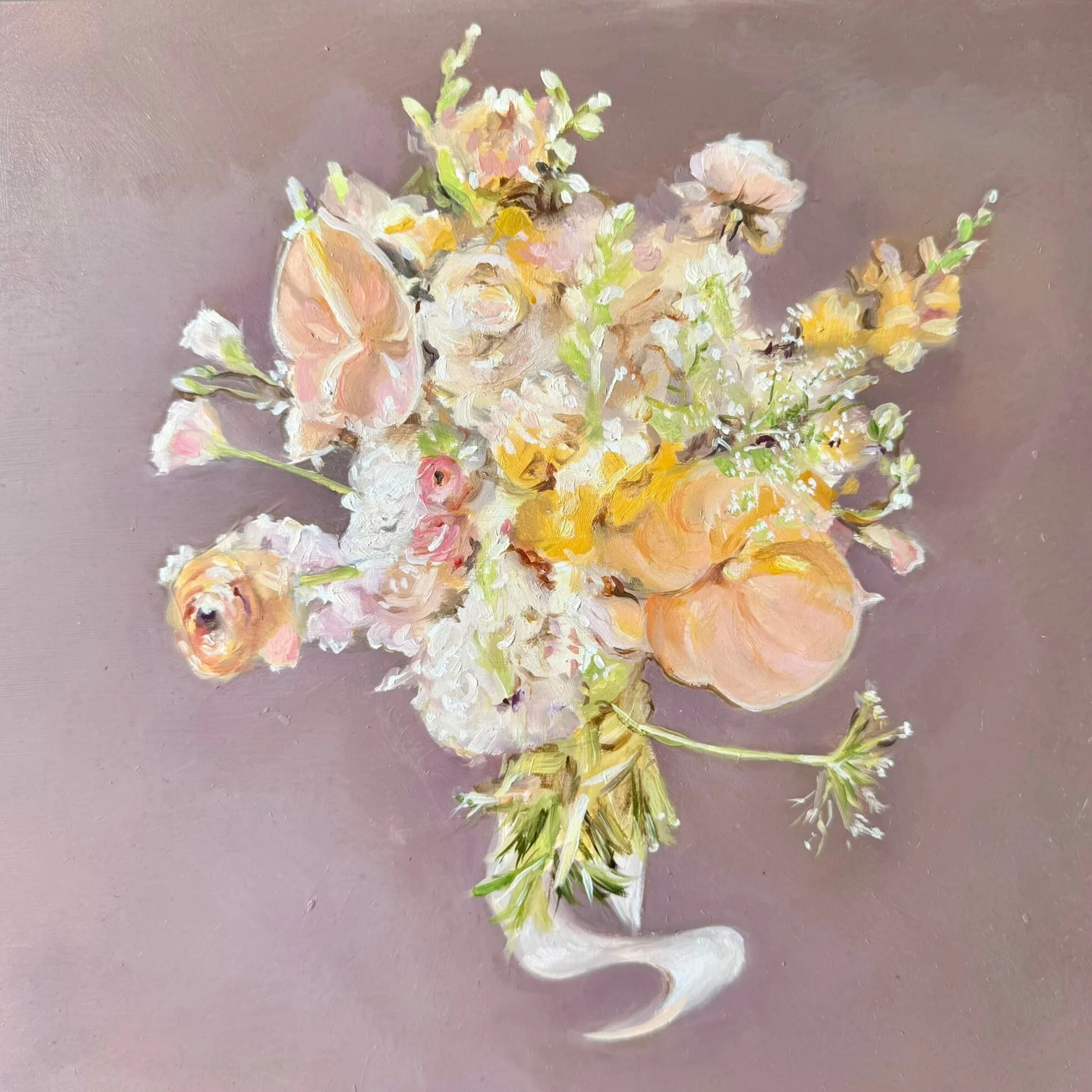 A painting of a bouquet of flowers with soft pastel colors on a muted mauve background.
