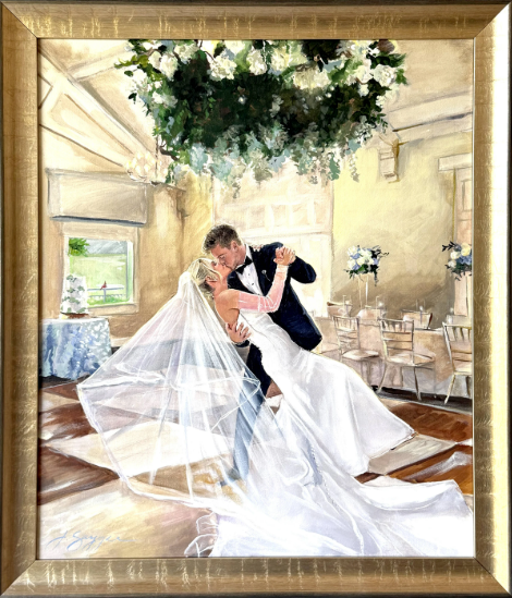 Painting of a bride and groom dancing indoors, decorated with hanging greenery and flowers, with empty chairs and windows in the background.
