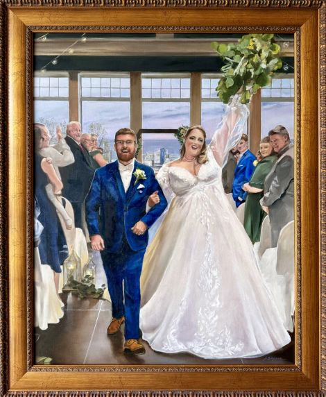 Painting of a wedding celebration with bride and groom smiling, walking down the aisle, surrounded by wedding guests indoors with large windows and cityscape view.