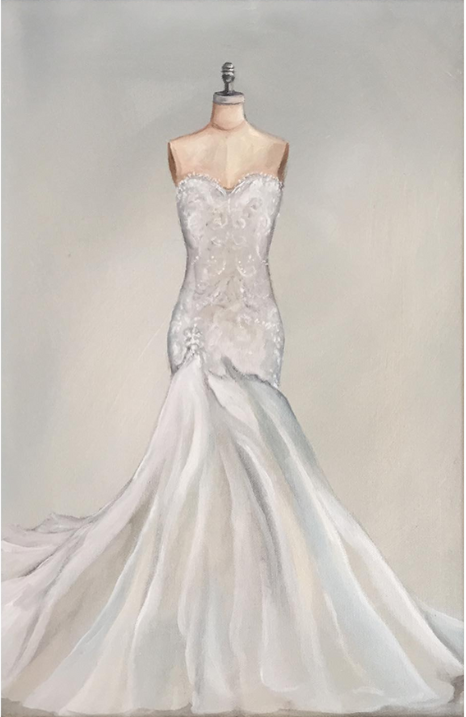 Painting of a wedding dress on a mannequin with a strapless bodice and long flowing skirt.