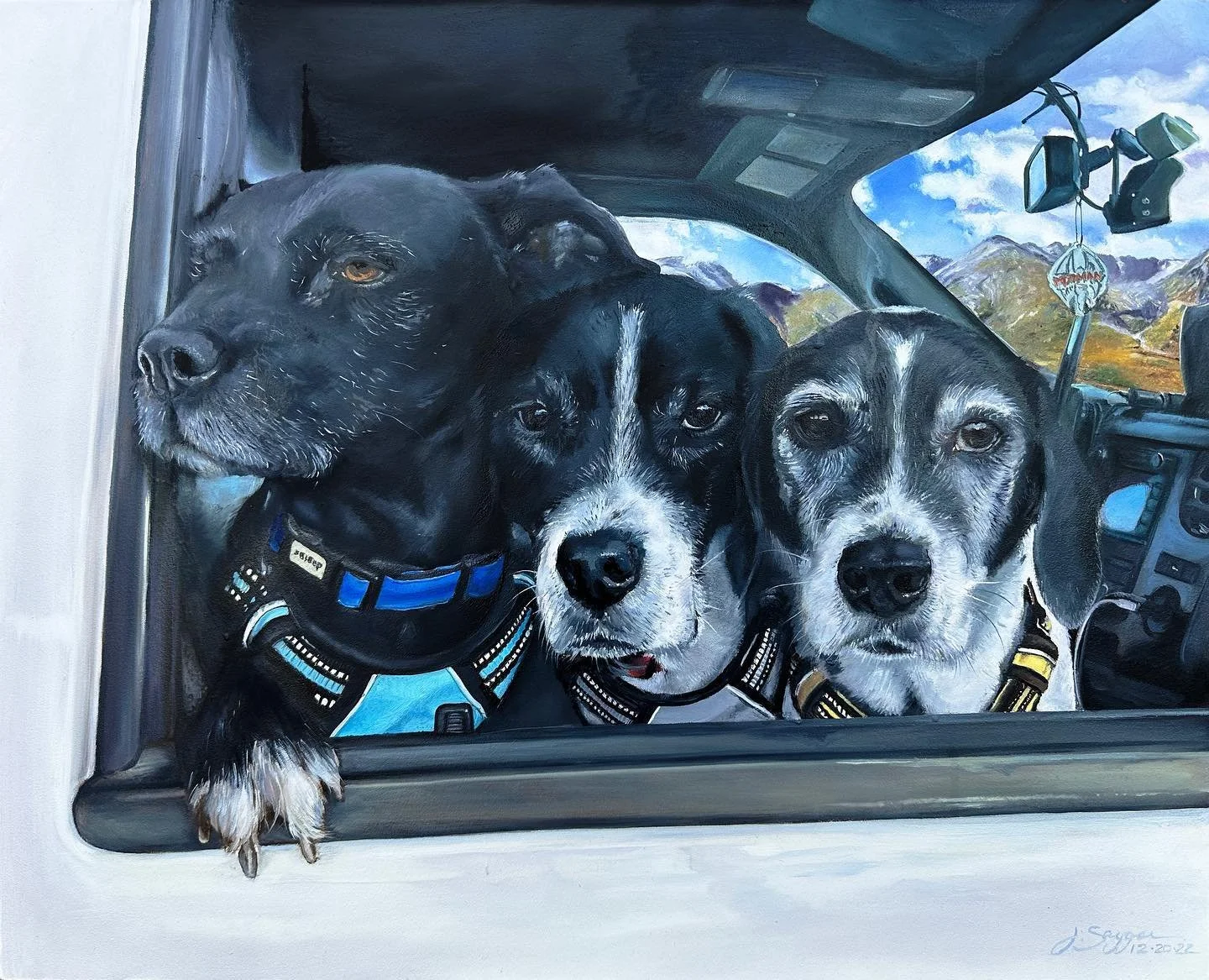 Painting of three dogs sitting in a vehicle's window with a mountain landscape in the background.