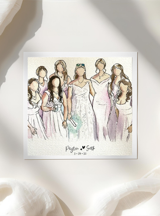 A watercolor portrait of a bride and bridesmaids, with one holding a glass.