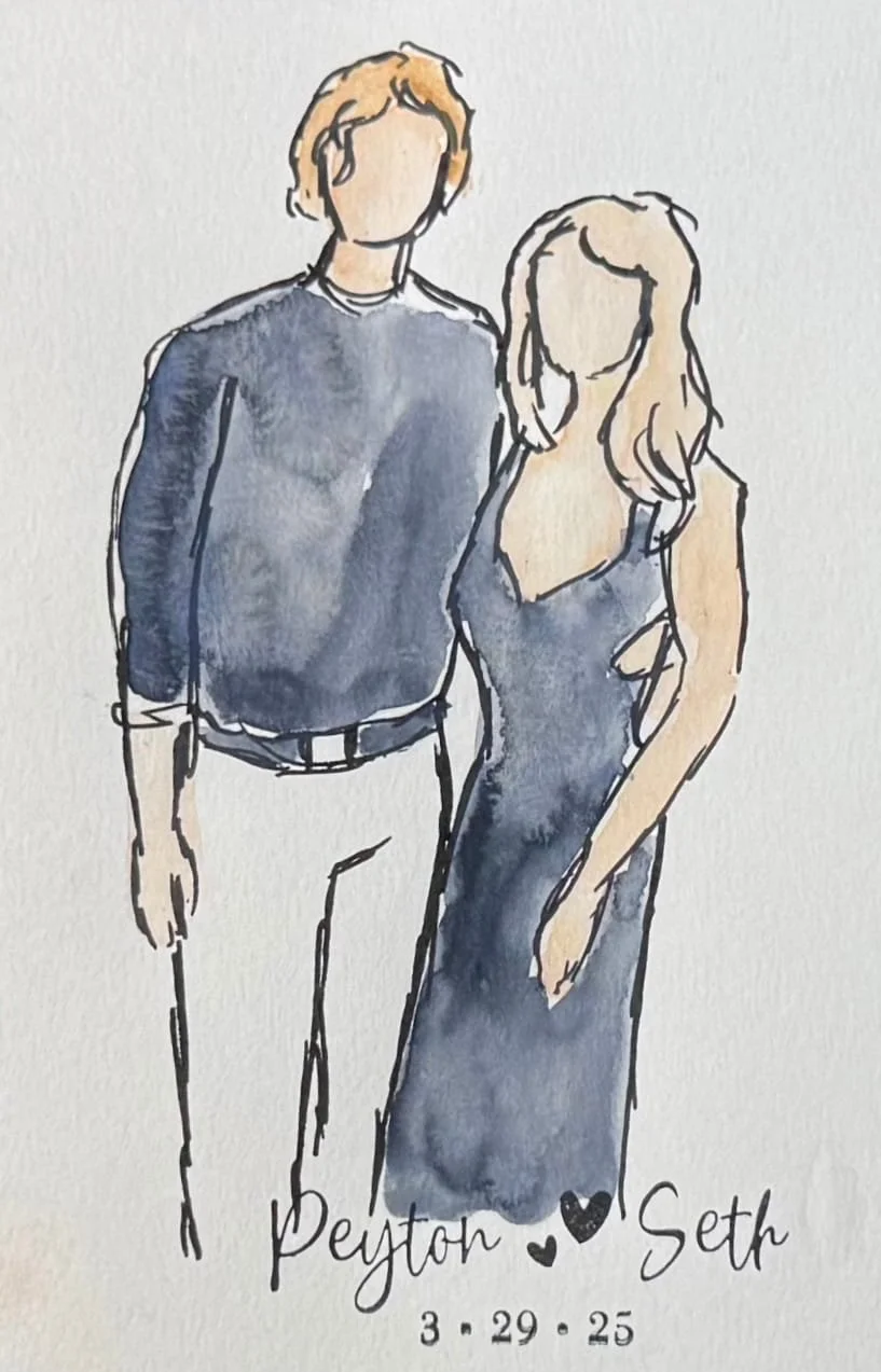Watercolor illustration of a couple, a man and a woman, standing together. The man has blonde hair, wearing a dark long-sleeved shirt and light pants. The woman has long wavy blonde hair, wearing a dark sleeveless dress, with her hand on her hip. Below the illustration, handwritten text reads 'Peyton ♥ Seth' with the date '3.29.25'.