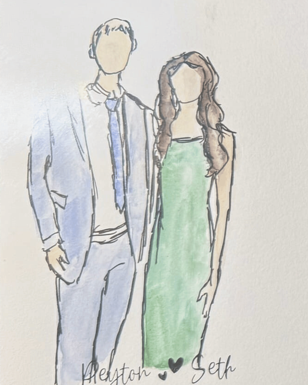 Illustration of a man and a woman standing together, with handwritten names and hearts underneath.