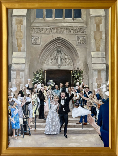 Painting of a wedding celebration outside a church, with the bride and groom at the center surrounded by guests throwing confetti and clapping.