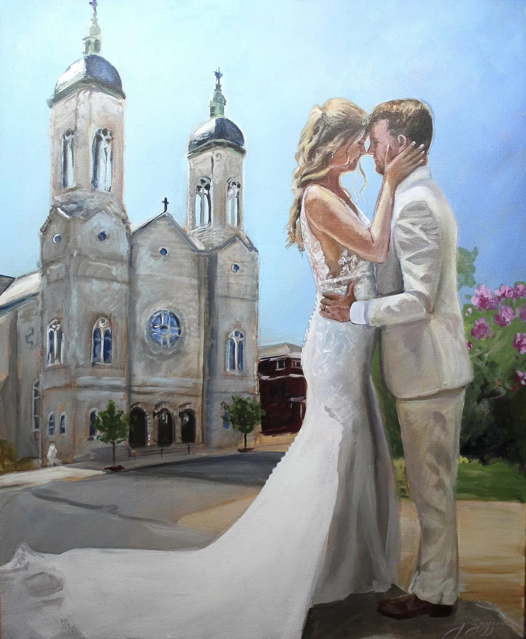 Painting of a bride and groom embracing in front of a church, with the church’s twin towers and blue sky in the background, and pink flowers on the side.