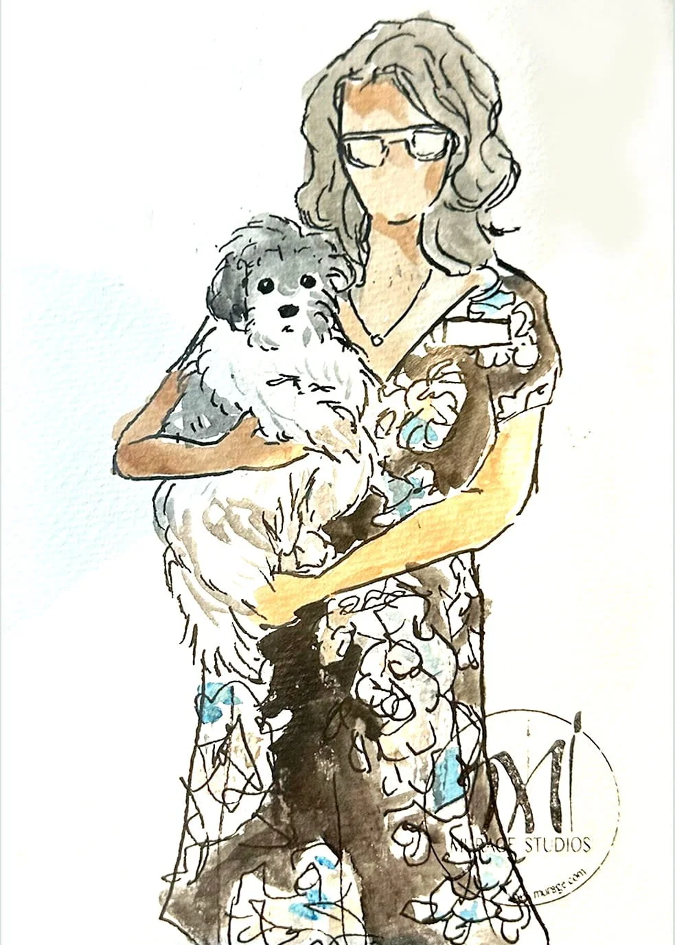 Guest with her dog in watercolor potrait