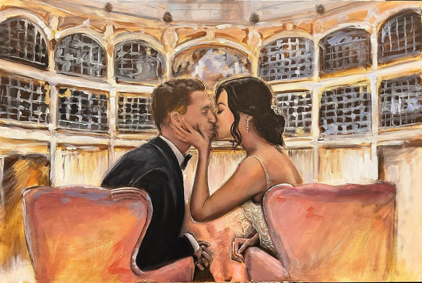 A romantic scene with a man in a tuxedo and a woman in a wedding dress sharing a kiss in an elegant interior with large windows.