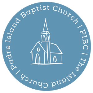 Logo of Padre Island Baptist Church featuring a line drawing of a church with a steeple, enclosed in a circular blue background with white text.