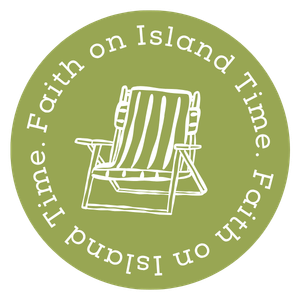 A circular green badge featuring a white outline illustration of a folding lawn chair and the text 'Faith on Island. Faith on Island. Faith on Island. Faith on Island.' written around the circle.