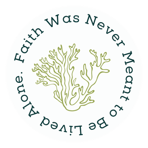 Circular badge with a tree illustration in the center and the text "Never Meant to Be Alive. Faith Was" written around the edge.
