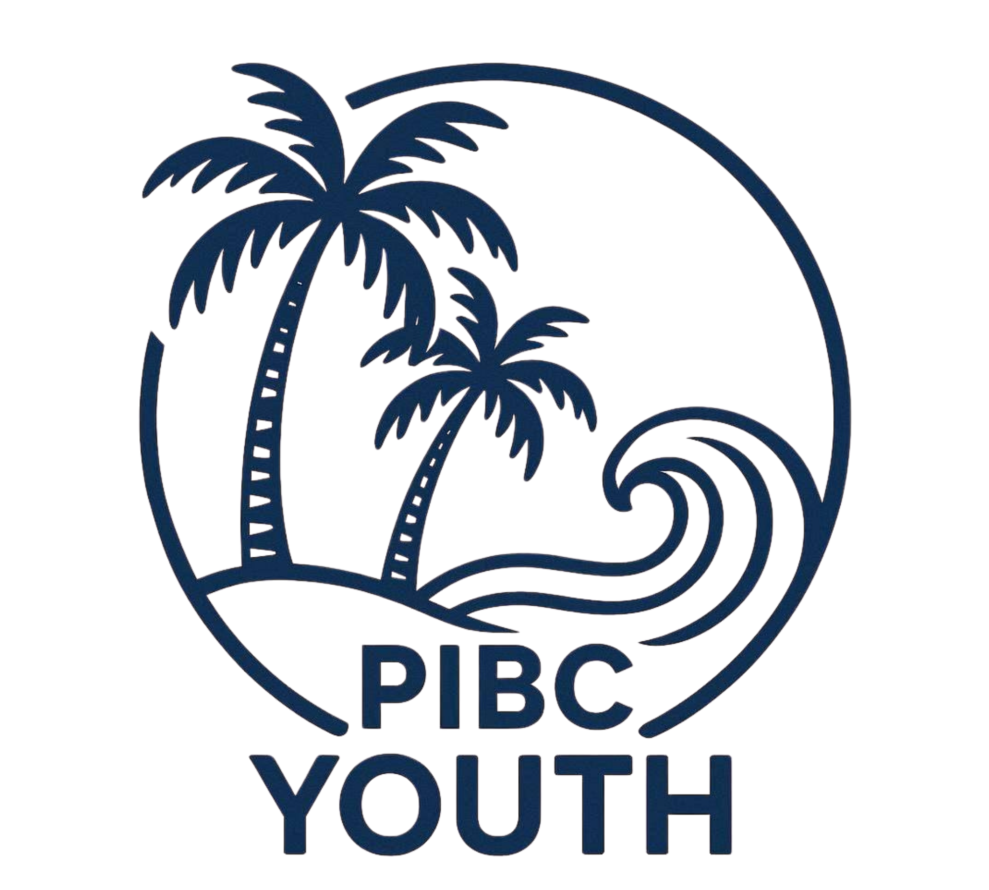 A graphic illustration of a circle with the words 'PIBC Youth' inside, accompanied by a stylized palm tree outline.