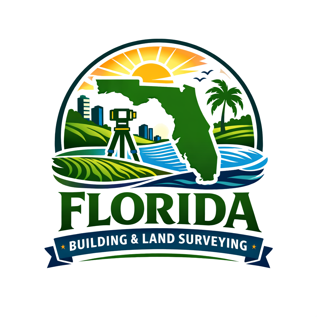 Logo for Florida Building & Land Surveying, featuring a map of Florida, a surveyor's tripod, a sunrise, palm trees, water, and fields.