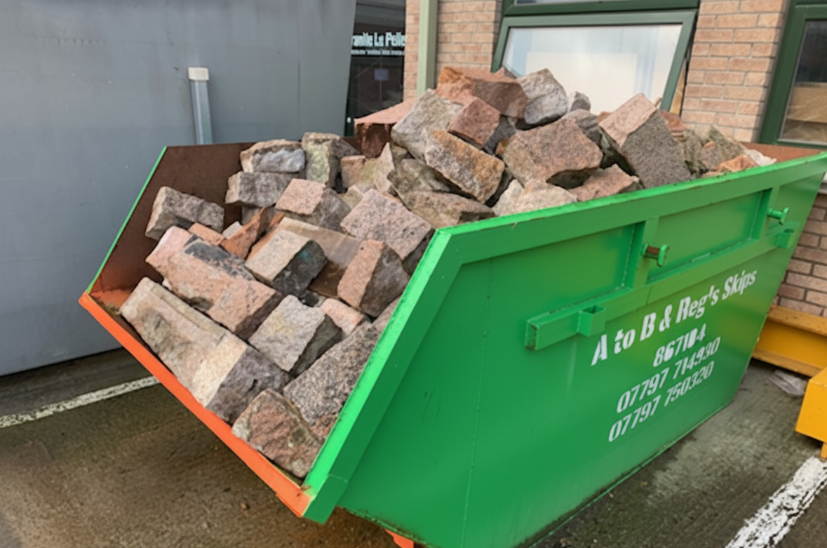 Green dumpster filled with various-sized rocks and bricks outside a building.