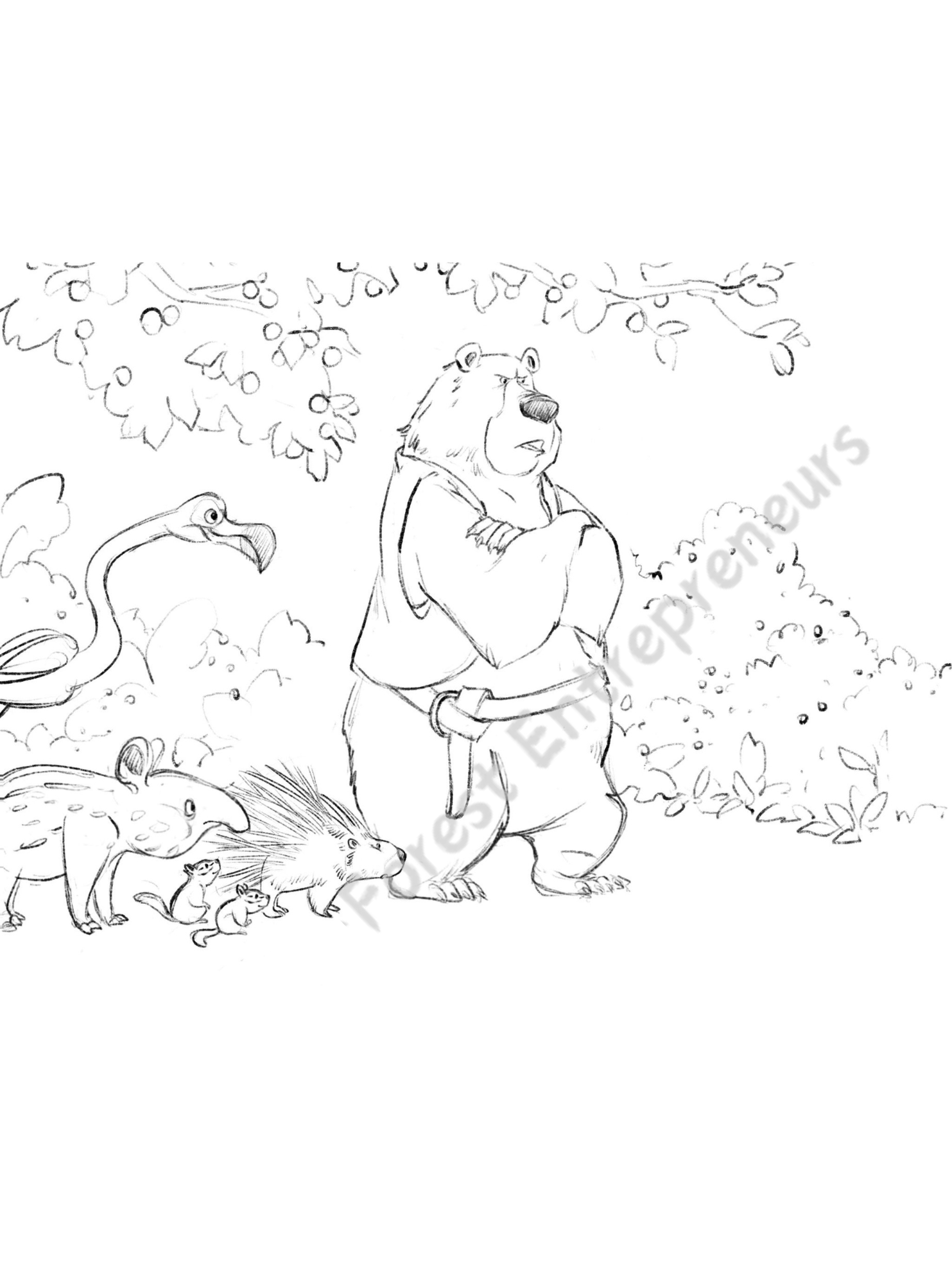The founding trio—Emery the elephant, Mia the monkey, and Bonnie the bird—arriving in Orchard Valley to meet Billy the Bear. A key scene from The Big Squeeze where the junior pioneers learn about trading and market prices.