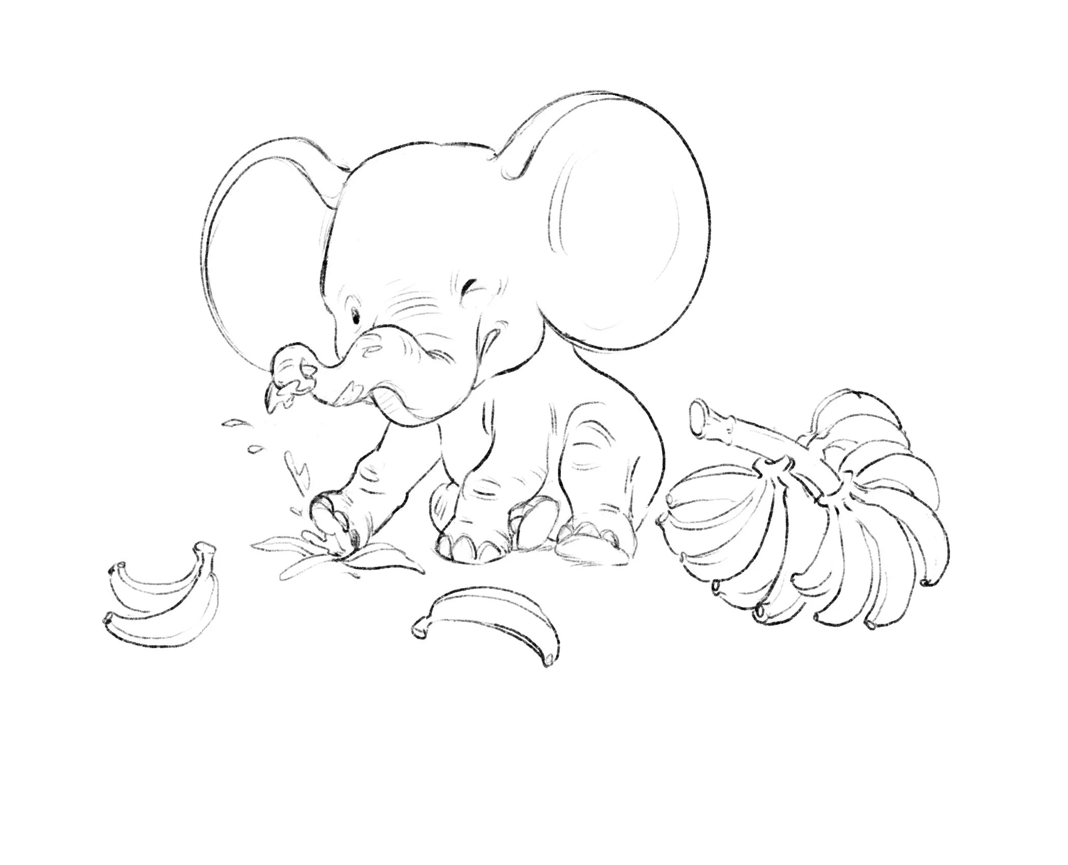  A little elephant named Emery tries to peel a banana but squishes it into sticky mush on his trunk while sitting under a banana tree in the forest.