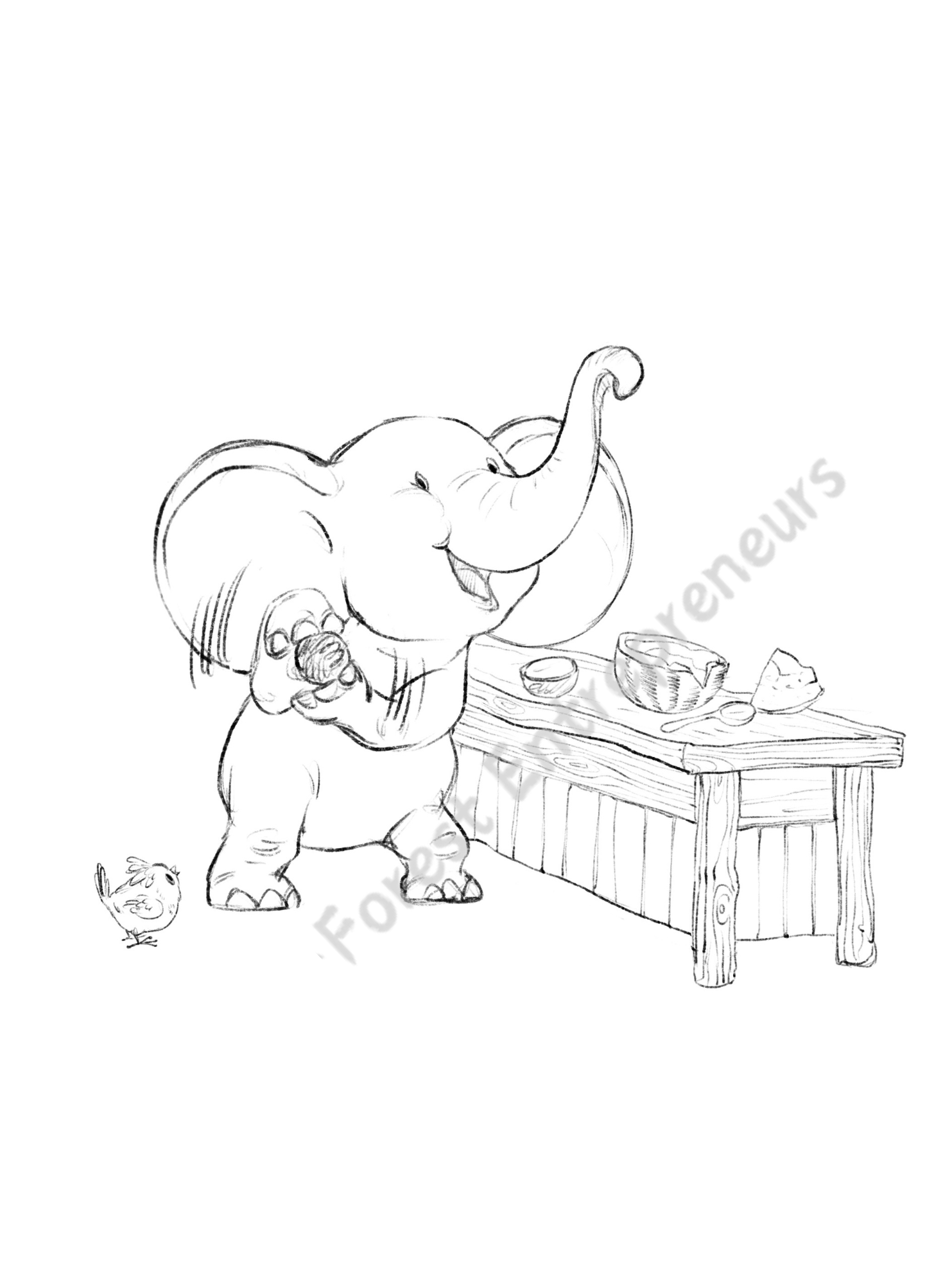 Emery the little blue elephant using his trunk to shake a coconut bowl filled with fruit juice. This image illustrates the junior pioneers using natural tools and teamwork to innovate their juice-making process.