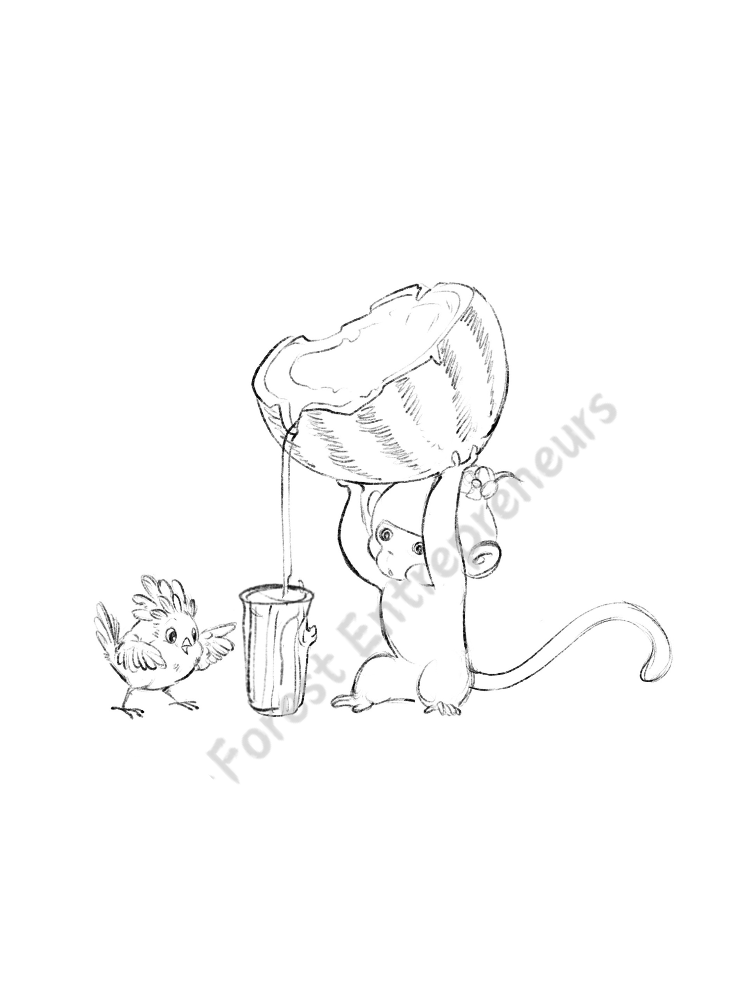 Mia the monkey looking hesitant as she pours a smaller amount of juice into a coconut cup. This scene from The Big Squeeze Juice Hut explores the ethical dilemma of "cutting corners" when a small business faces rising costs.
