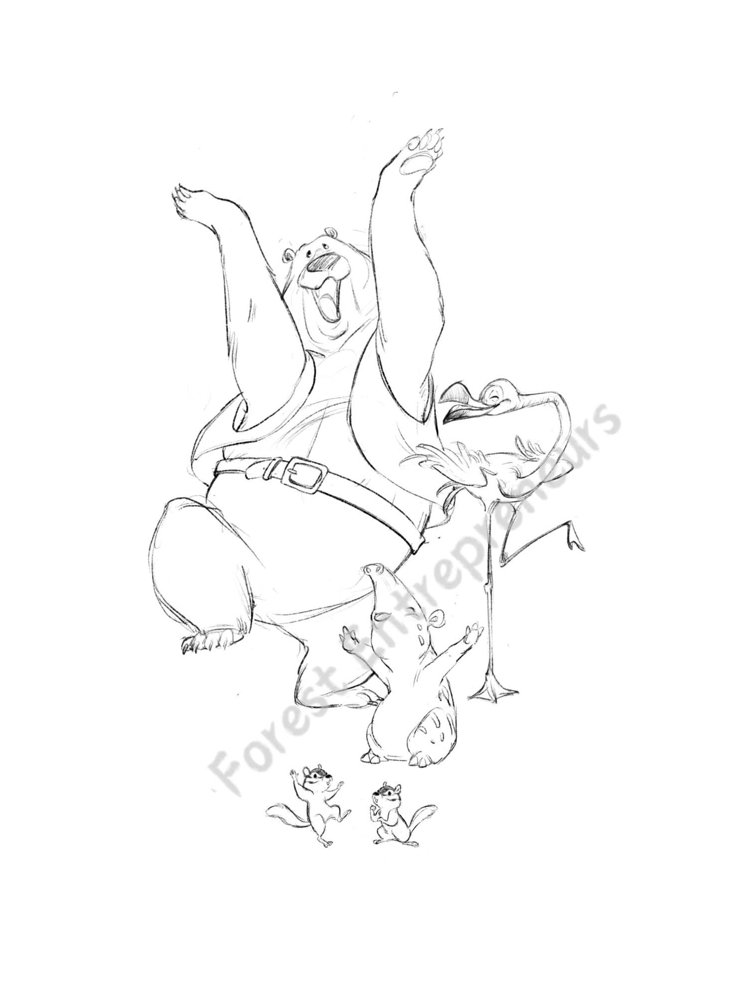 A group of forest animals, including Emery the elephant and Mia the monkey, cheering and celebrating the idea of a fruit market. This scene from Forest Entrepreneurs highlights community teamwork and early business concepts for kids.
