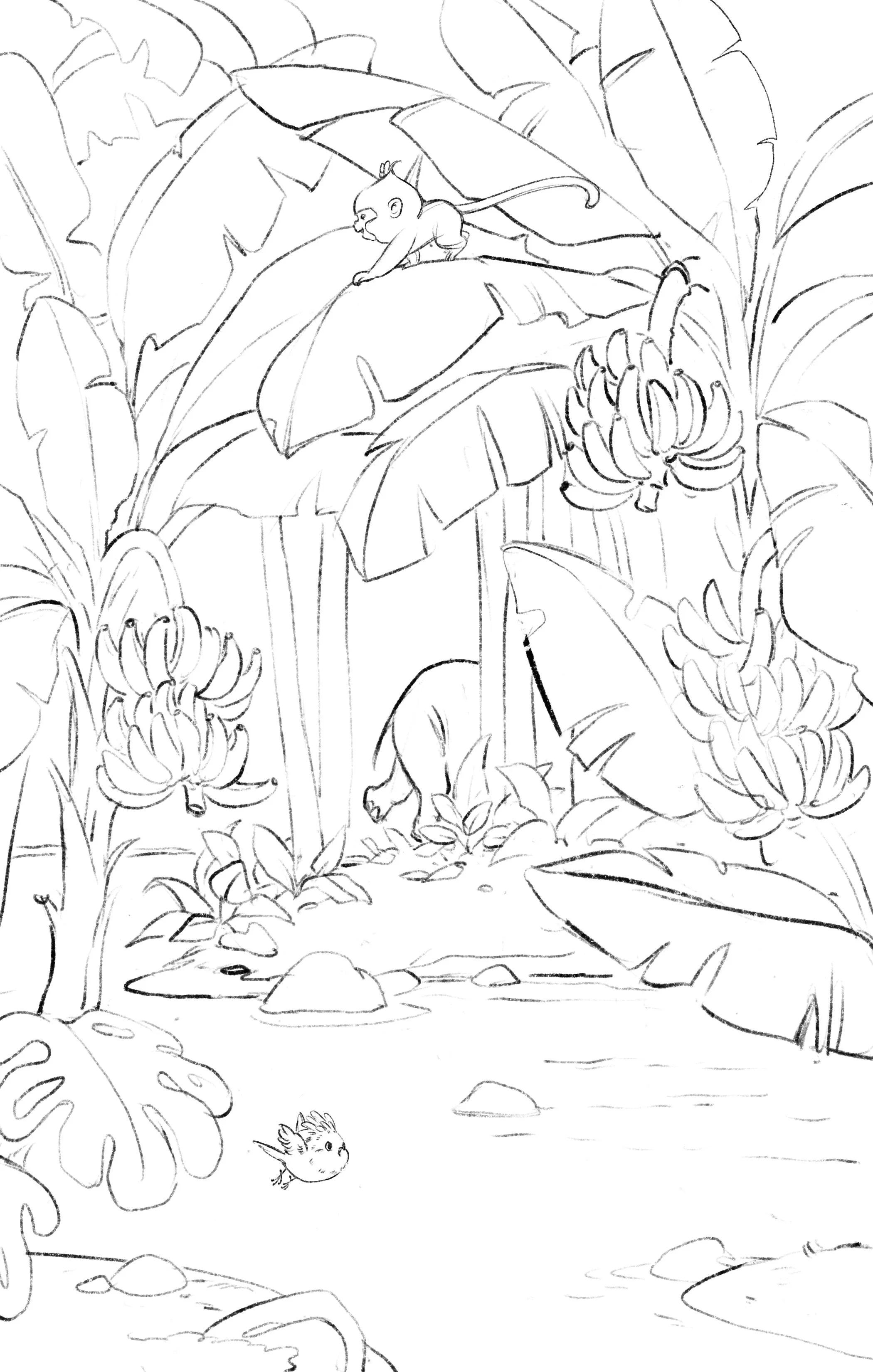A peaceful banana grove in Palm Land with tall trees and a gentle river flowing nearby. Three main characters are hidden in the picture. 