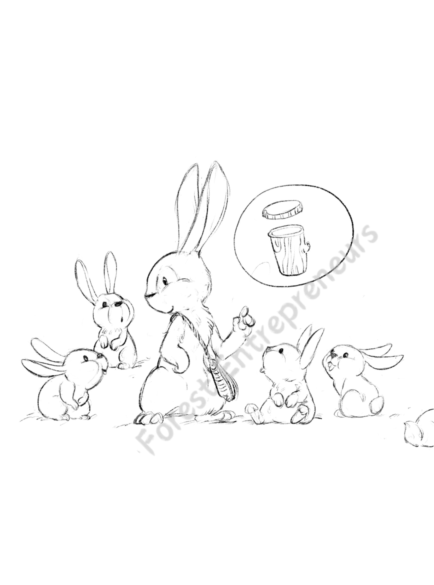 Rachel the Rabbit talking to Mia and Emery, suggesting product improvements like "travel-vine" lids. This illustration from the Forest Entrepreneurs series highlights the concept of innovation and listening to customer needs to grow a business.