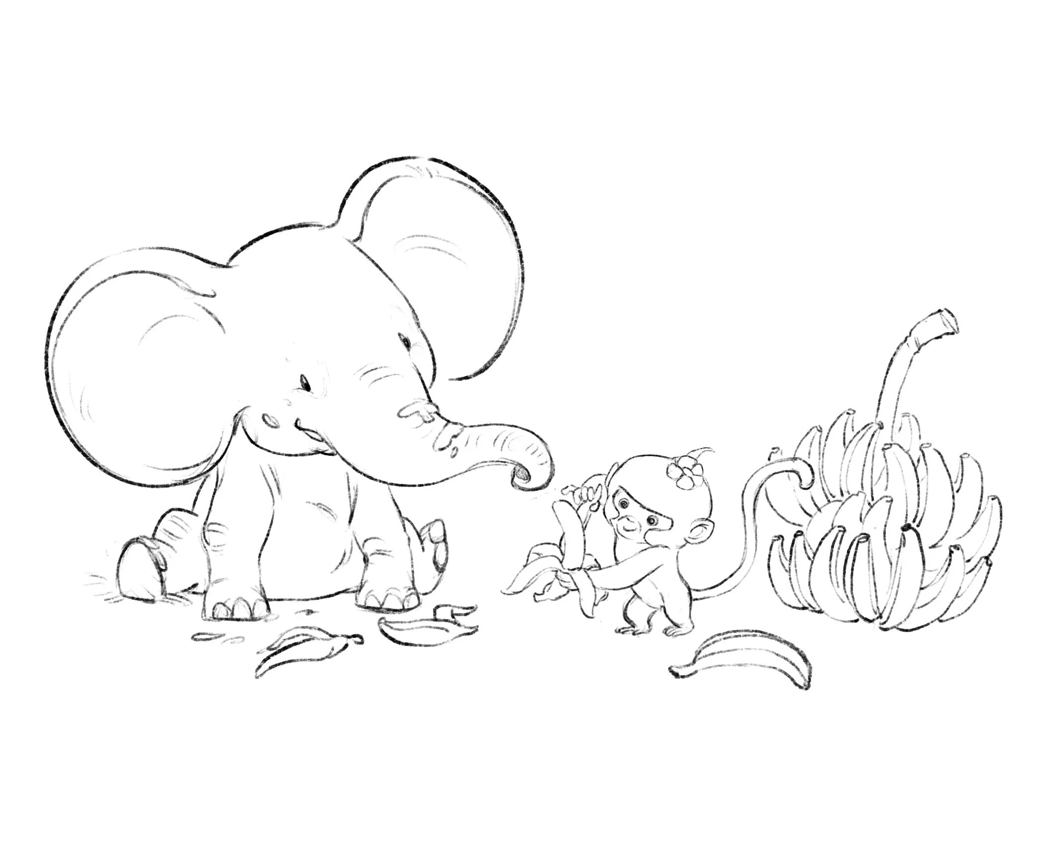 Mia the monkey peels bananas quickly while Emery the elephant helps by picking heavy banana bunches, working together as a team in the sunny forest.